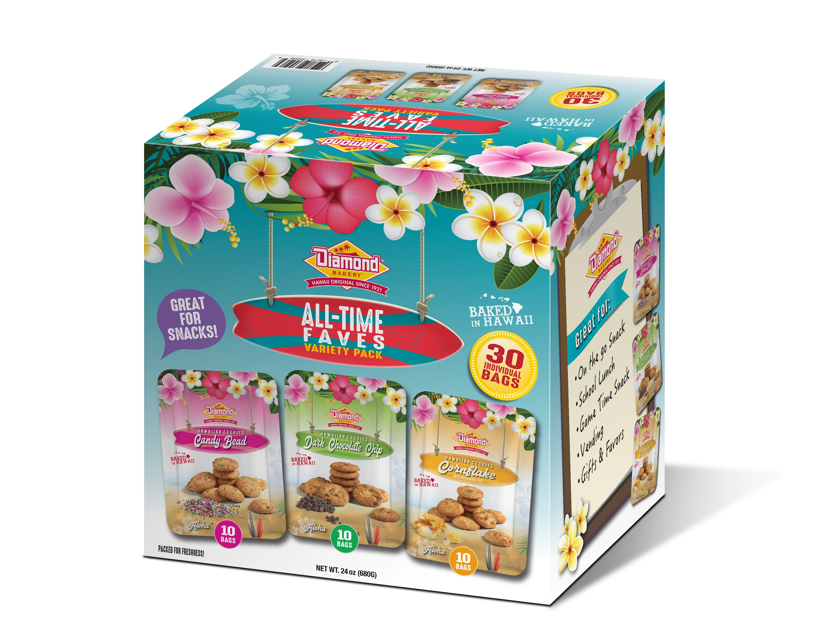 Hawaiian Cookies Variety Pack, All-Time Faves (30/0.8oz of Candy Bead, Dark Chocolate Chip and Cornflake!