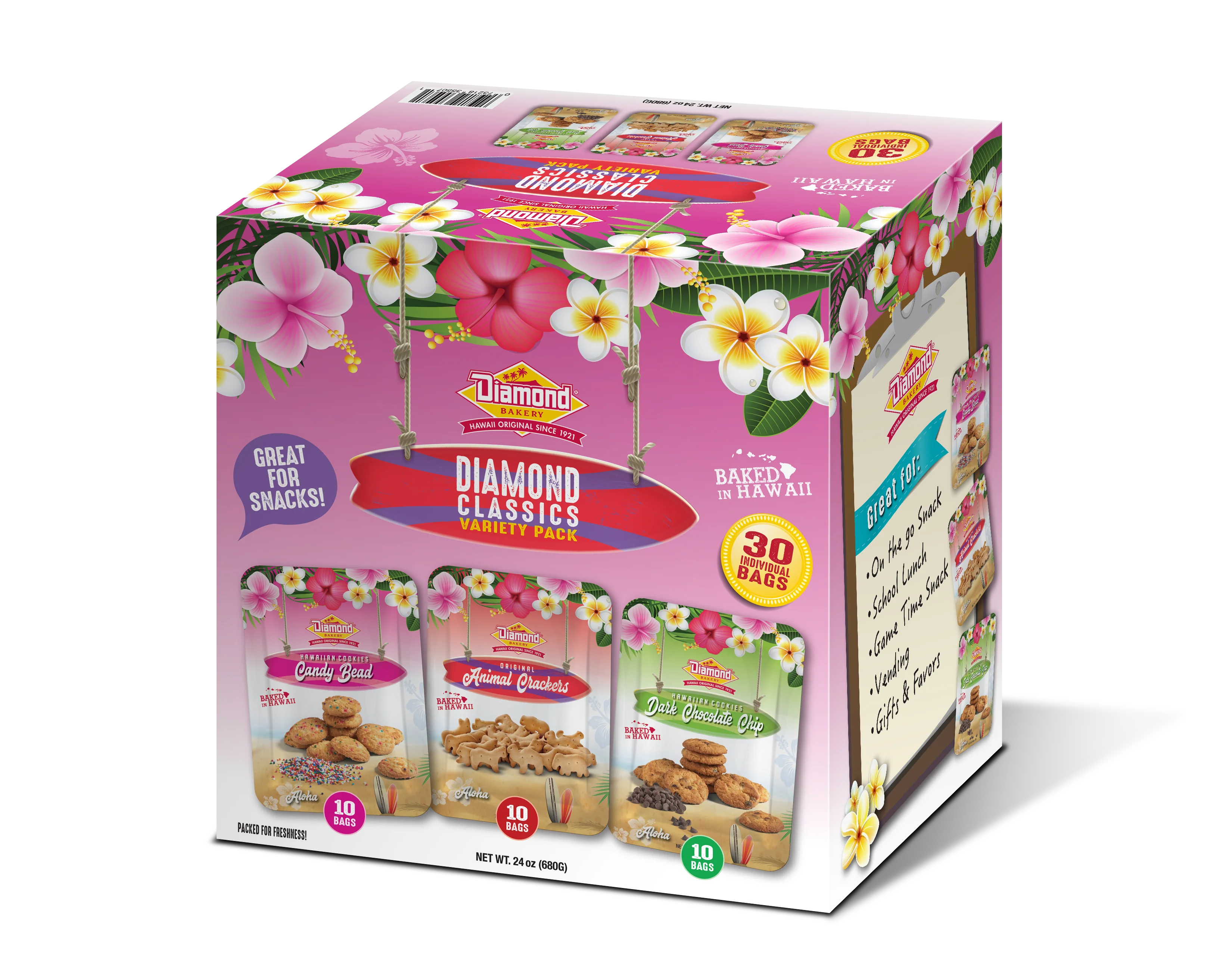 Hawaiian Cookies Variety Pack, Diamond Classics (30/0.8oz of Candy Bead, Original Animal Crackers and Cornflake!